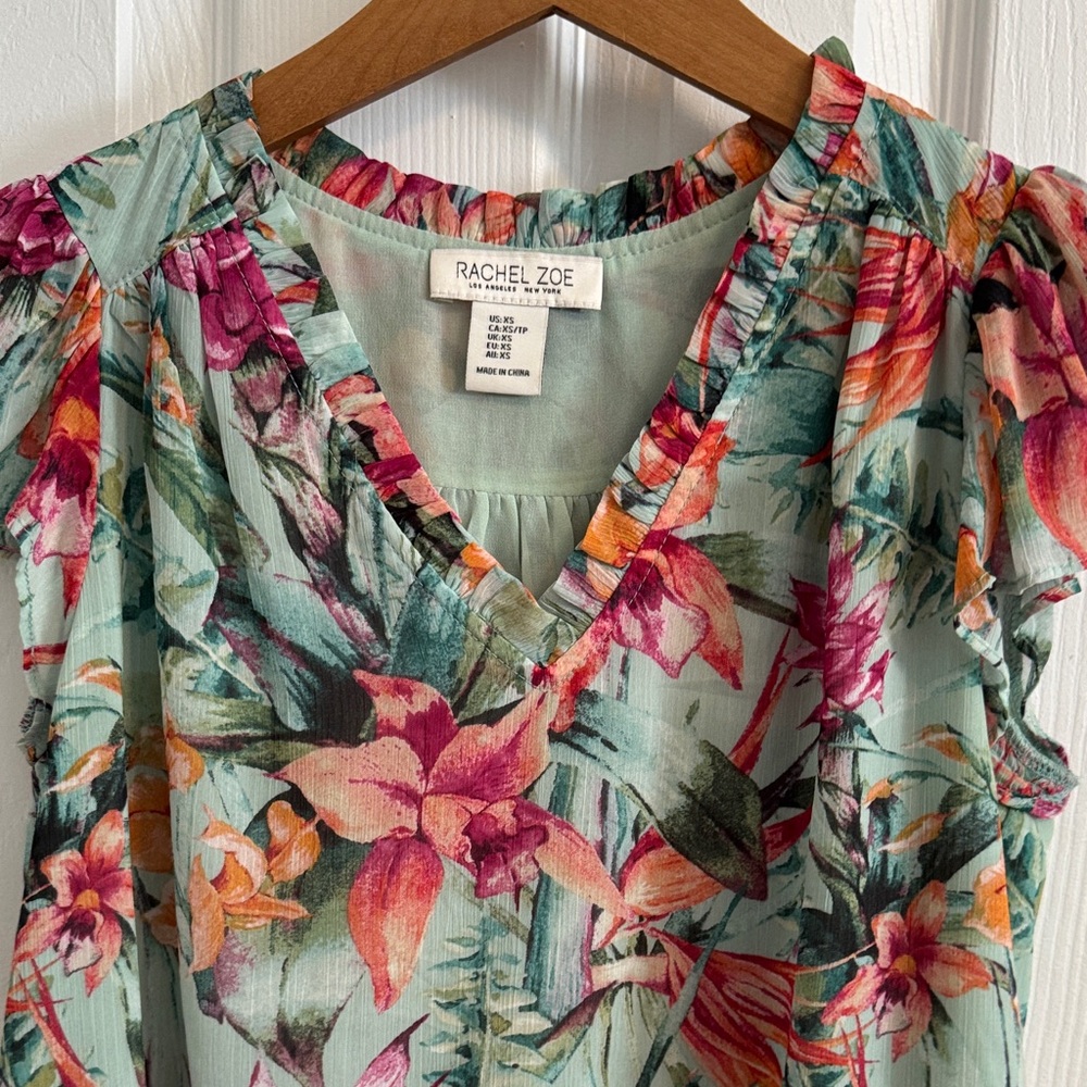 Rachel Zoe Tropical Floral Blouse - Green and Pink Size XS